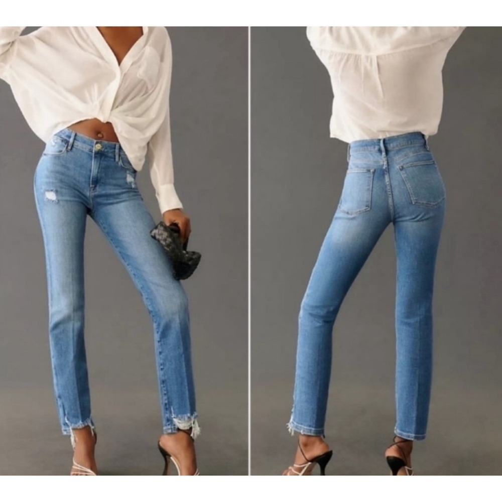 Frame Le High Straight Jeans Sz 28 Blue Laskey Rips LHST793 Distressed Stretch